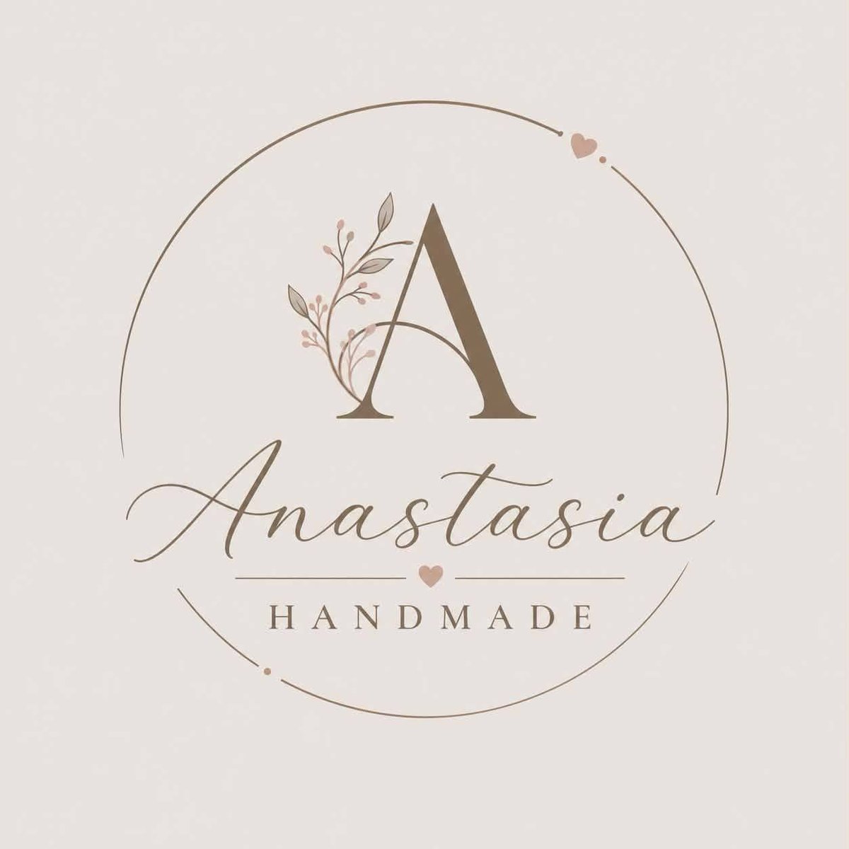 Anastasia Handmade logo z elegancką literą A i botanicznym motywem liścia w okrągłej ramce