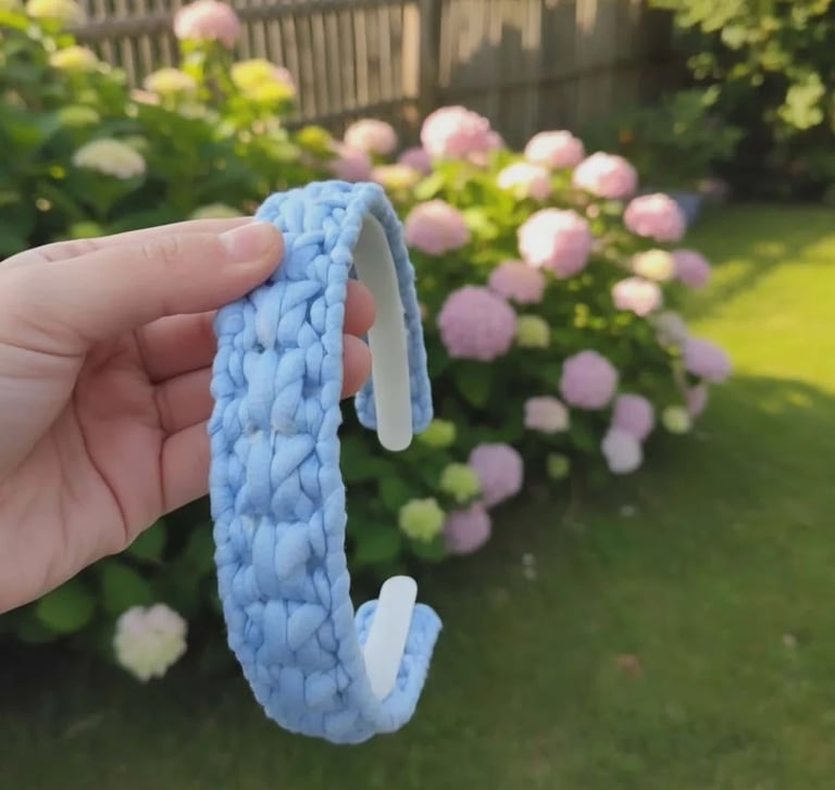 Dłoń trzymająca niebieską szydełkową scrunchie z białą lamówką na tle ogrodu z różowymi i białymi kwiatami hortensji
